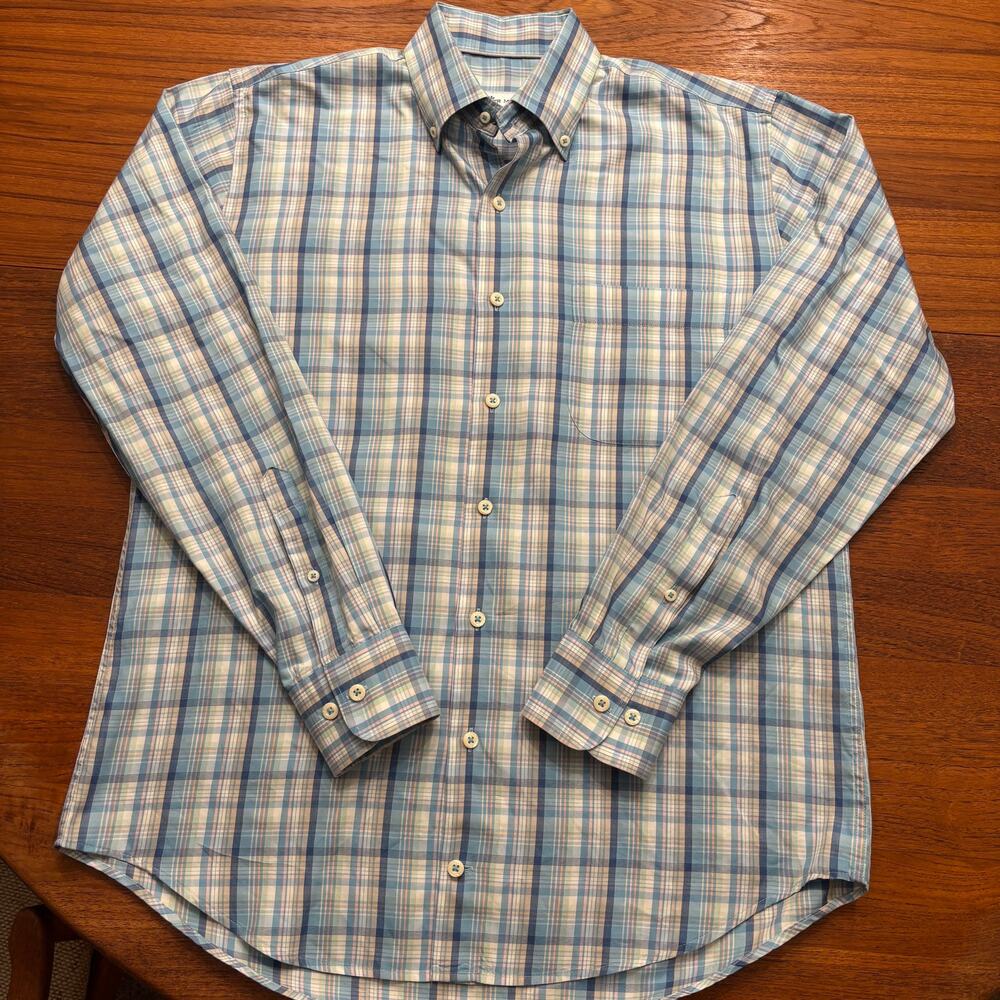 Peter Millar Men’s cotton silk blend Blue Plaid long sleeve button down shirt M